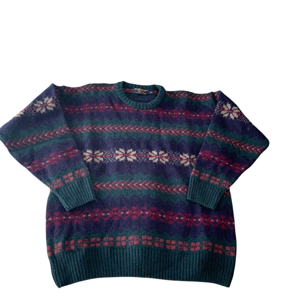 Vintage Brooks Brothers Mens Hand Knit England Wool Fair Isle Sweater XL